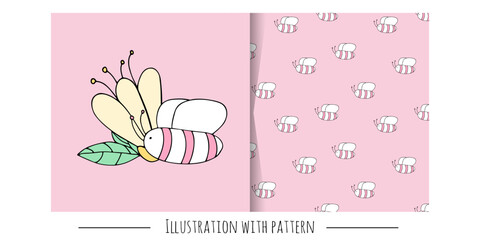 Doodle pattern and illustration with cute small bees, leaves and flower.Pretty seamless texture. Elements for design.Colored doodle style elements isolated on white background. Hand drawn sketch.