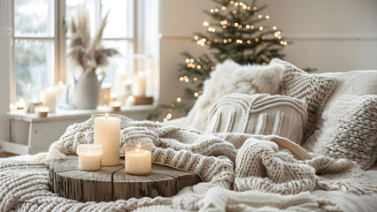 Candles and blanket, warm and cozy natural decoration with Christmas tree interior