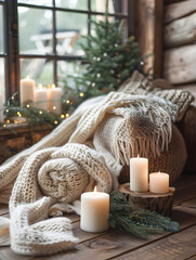 Candles and blanket, warm and cozy natural decoration with Christmas tree