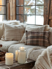 Fototapeta na wymiar Candles, blankets and pillows. Warm and cozy natural decoration, interior design