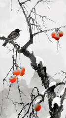 Snowy scenery ,a balck starling bird standing on a withered branch of a persimmon tree.
