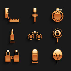 Set Binoculars, Bullet, Tree, Paw search, Canteen water bottle and Trap hunting icon. Vector