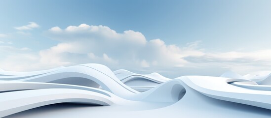 The image shows a futuristic white architecture design against a backdrop of a blue sky with white clouds. The sky also features some white lines adding a dynamic element to the scene.