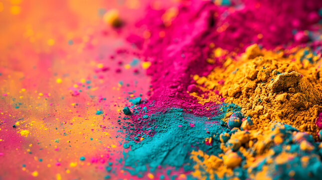 Vibrant colorful piles of pink, yellow and green pigment powders on orange background at the right side of image. Suitable for Holi festival presentations or banner design.