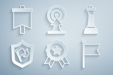 Set Medal, Chess, Shield with flag, Flag, Target arrow and icon. Vector