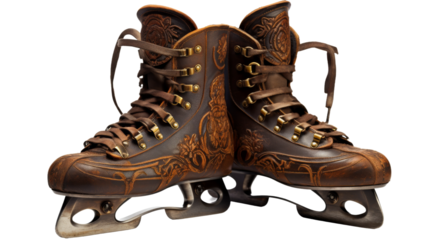 Pair of Antique Ice Skates with Ornate Iron Blades on white background