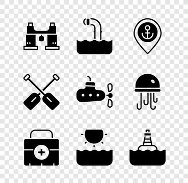 Set Binoculars, Periscope, Location with anchor, First aid kit, Sun, Floating buoy, Paddle and Submarine icon. Vector