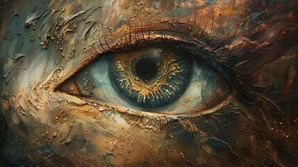 A highly textured digital painting of an eye with metallic hues and organic textures, exuding a sense of depth and complexity.