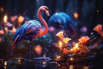 Couple of cute flamingo on fantasy aesthetic - obrazy, fototapety, plakaty