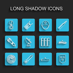 Set line Radar with targets, Rocket, Military reward medal, Submarine, Chevron, and Bullet icon. Vector