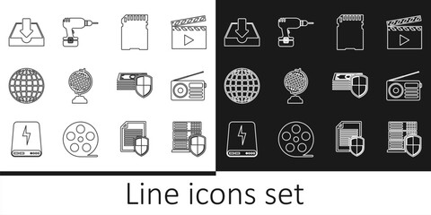 Set line Server with shield, Radio, SD card, Earth globe, Download inbox, Money protection and Drill machine icon. Vector