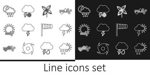Set line Cloudy with rain and sun, Storm, Pinwheel, Wind, snow, rain, moon, Cone windsock wind vane and lightning icon. Vector