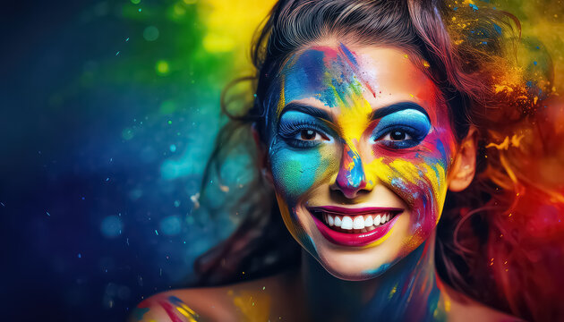 Portrait of a woman with a rainbow paint on her face , LGBQ or happy holi concept