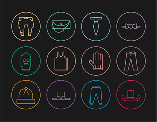 Set line Man hat, Pants, Tie, Sleeveless T-shirt, Balaclava, Leather glove and Clutch bag icon. Vector