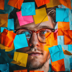 Man looking through a glass wall full of sticky notes - 748722967