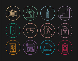 Set line House contract, under protection, Skyscraper, Bathtub, Closed door, Online real estate house, with dollar symbol and key icon. Vector
