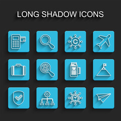 Set line Shield with check mark, Lead management, Pos terminal, Clock and gear, Paper plane, Magnifying glass dollar, Mountains flag and POS icon. Vector