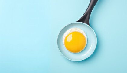 Frying pan with eggs on blue background - obrazy, fototapety, plakaty
