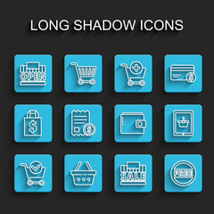 Set line Shopping cart with check mark, basket, building and open, sale, Price tag Free, Paper financial, on tablet and Wallet icon. Vector