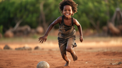 A poor, beggar, talented happy black African boy plays football with a soccer ball in his village.