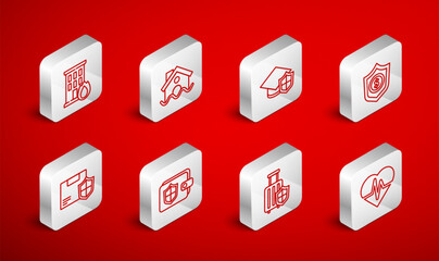 Set line Health insurance, House flood, Graduation cap with shield, Shield dollar, Travel suitcase, Fire burning house, Wallet and Delivery security icon. Vector