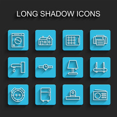 Set line Robot vacuum cleaner, Refrigerator, Washer, Security camera, Radio, Wrist watch, Router and wi-fi signal and Table lamp icon. Vector