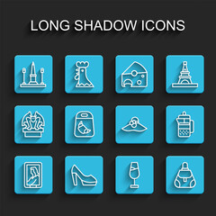 Set line Portrait in museum, Woman shoe, Place De La Concorde, Wine glass, Handbag, Croissant package, French press and Elegant women hat icon. Vector
