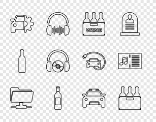 Set line FTP folder, Bottles of wine in box, Car service, Headphones and CD or DVD, Police car flasher and Music book with note icon. Vector