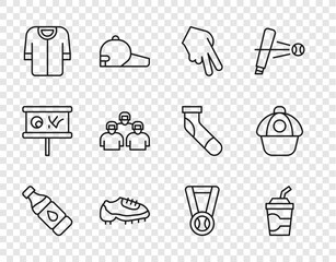 Set line Bottle of water, Paper glass with, Baseball glove, boot, t-shirt, Team baseball players, Medal and cap icon. Vector