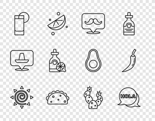 Set line Sun, Hola, Mustache, Taco with tortilla, Tequila glass lemon, bottle, Cactus and Hot chili pepper pod icon. Vector © vector_v