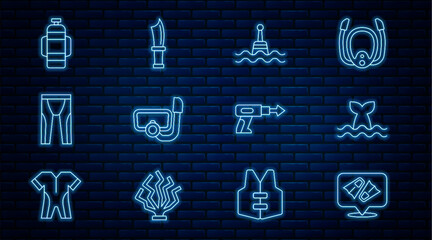 Set line Flippers for swimming, Whale tail, Floating buoy, Diving mask with snorkel, Wetsuit scuba diving, Aqualung, Fishing harpoon and knife icon. Vector