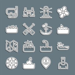 Set line Sailor captain, Cargo ship, Submarine, Lighthouse, Paddle, Sharp stone reefs, Diving mask and snorkel and Anchor icon. Vector