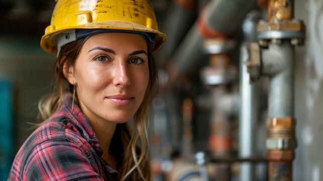 Woman working in a construction site, portrait of a female professional engineer wearing safety hardhat