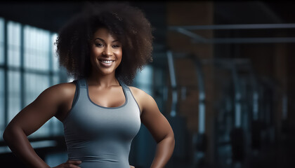 Afro curls woman in sports bra in gym