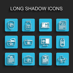 Set line Medical certificate for dog or cat, Pet first aid kit, Animal health insurance, Clinical record pet, Veterinary clinic, veterinary folder, Pets vial medical and on monitor icon. Vector