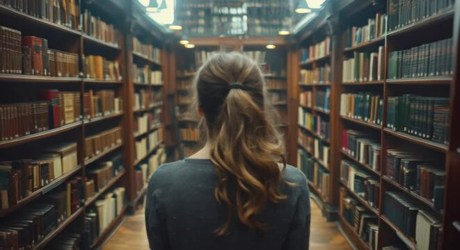 a woman standing in a library with lots of books