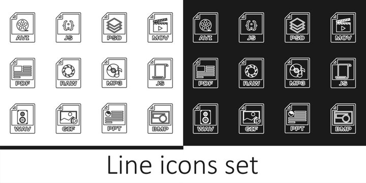 Set line BMP file document, JS, PSD, RAW, PDF, AVI, MP3 and icon. Vector
