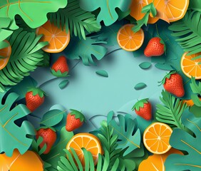 Mockup of fruits, leaves, and wildflowers. 3D animation style, layered cut paper. Strawberries, oranges, chamomiles, berries on a green background. Presentation, greeting card, space for text