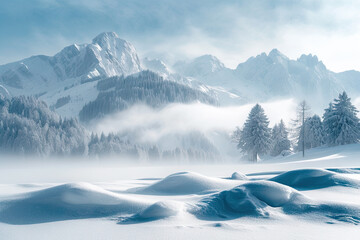 Winter Scene: Mountains Blanketed in Snow Waves