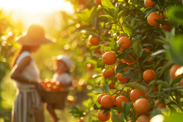 Woman and Baby Farmers Harvesting Fresh Oranges from a Sunlit Tree on a Sunny Day. Oranges Growing in an Orchard, Orange Plantation. Organic Harvesting for Natural Vitamins. - obrazy, fototapety, plakaty