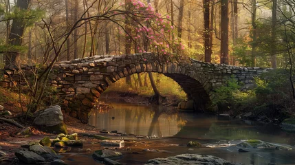 Fotobehang In a picturesque spring setting, a bridge stands tall over a serene river in Greenville, SC. © Exuberation 
