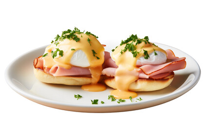 Classic Eggs Benedict with Poached Eggs on white background