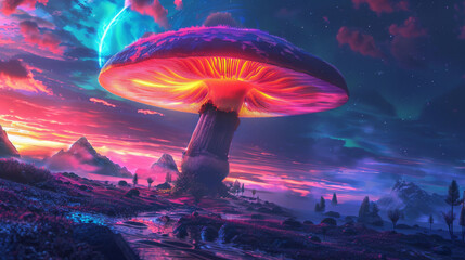 Hyper realistic fantasy colourful giant magic mushroom in centre.