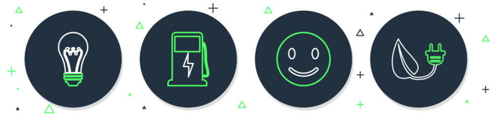 Set line Electric car charging station, Smile face, Light bulb and saving plug leaf icon. Vector