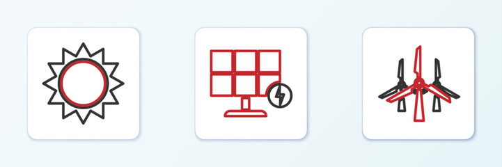 Set line Wind turbines, Sun and Solar energy panel icon. Vector