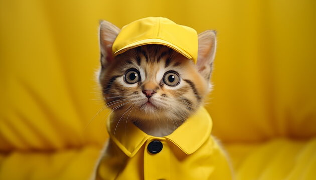 cute cat in a yellow uniform on a yellow background. shot on sony A7R with 1.2 lens, photorealistic --ar 7:4 --stylize 250 --v 5.2 Job ID: 783aa948-67cb-4c8e-ba8e-ac9e1801fb70