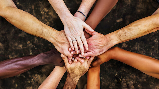 Image that symbolizes unity and collaboration. Show a diverse group of hands from different ethnicities and backgrounds coming together in a harmonious gesture.