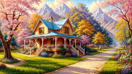 Tuinposter Small wooden house and autumn trees with orange yellow, artistic vision of  beautiful autumn landscape, oil painting  on canvas © Cobalt