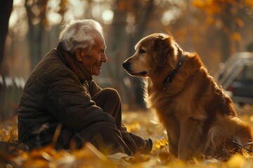 A portrait of a happy senior older with a dog