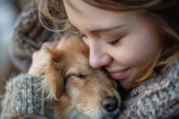 Woman hugging golden retriever dog at home